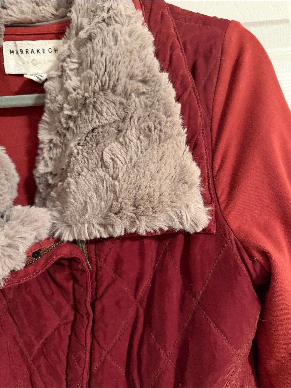 Marrakech Women's Red Quilted Teddy Jacket with Faux Fur Collar - Picture 3 of 5